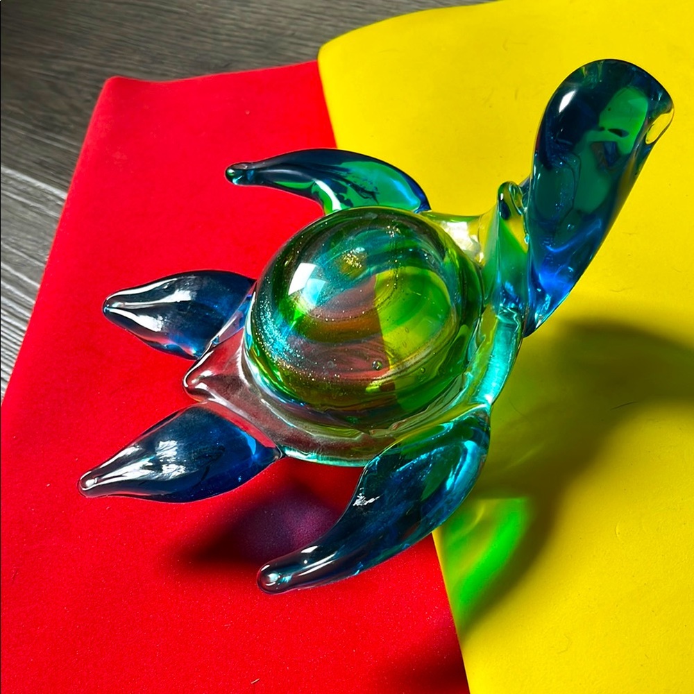 Hand blown glass sea turtle blue green swirls gold flecks large Murano style